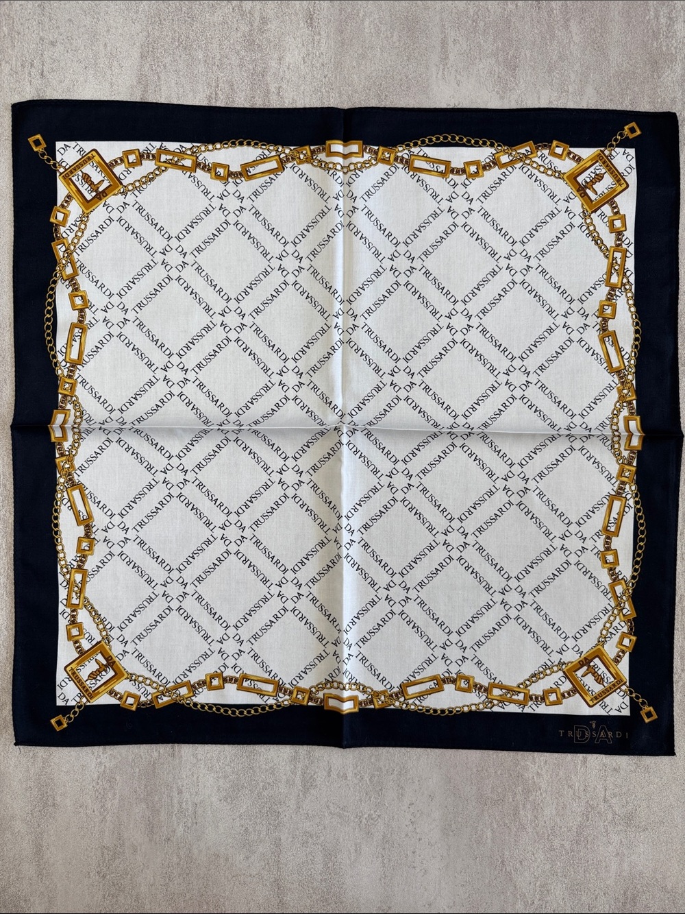 Trussardi Black, White & Gold Chain Frame Logo cotton Scarf